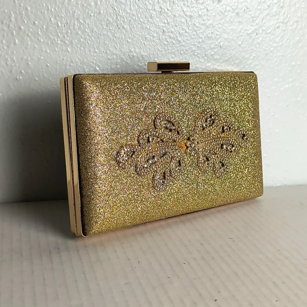 Shimmer Gold Sequin Evening Clutch Bag Clasp Closure Rhinestone Metal Strap